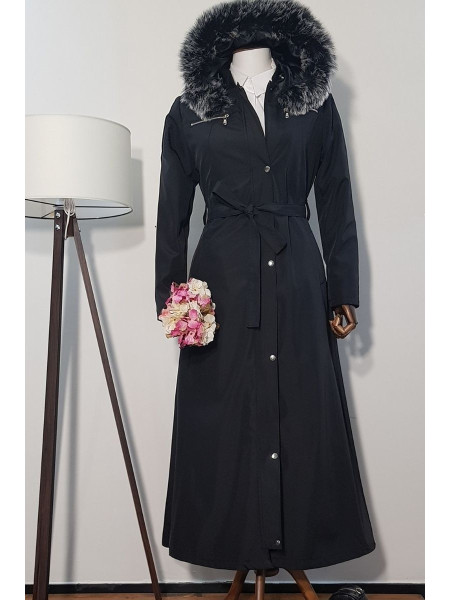 Long Bondit Coat With Fur Hood -Black