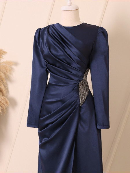 Layered Skirt and Stone Waist Draped Evening Dress -Navy blue