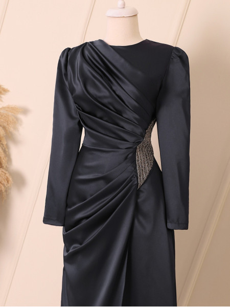 Layered Skirt and Stone Waist Draped Evening Dress -Black
