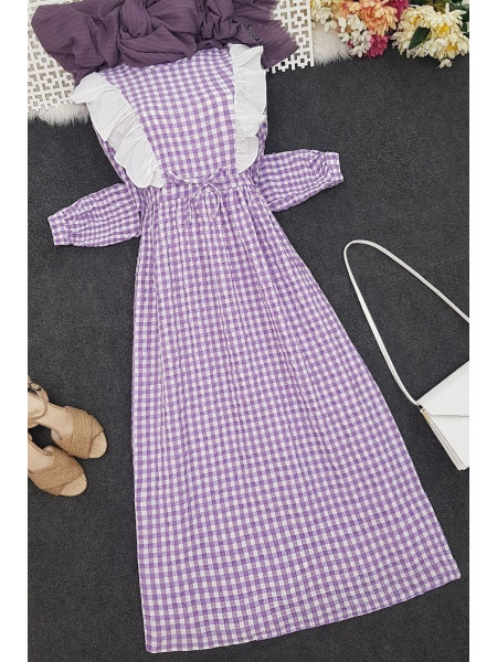 Frilly Tied Waist Long Dress -Lilac