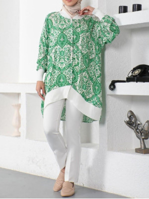 Floral Pattern Ribbed Buttoned Oversize Tunic -Green