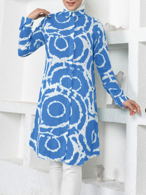 Patterned Long Buttoned Viscose Tunic -Blue