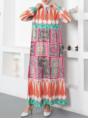 Ethnic Pattern Laced Sleeve Elastic Dress -Fuchsia