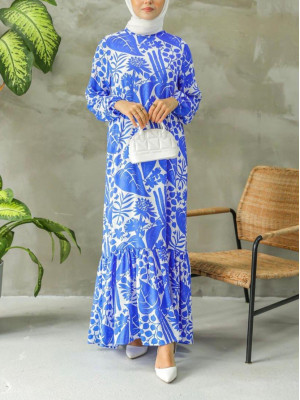 Yaprak Desen Hakim Yaka Eteği Fırfırlı Elbise -Koyu Mavi