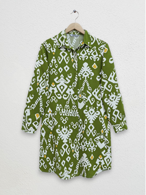 Buttoned Patterned Viscose Tunic  -Oil Green