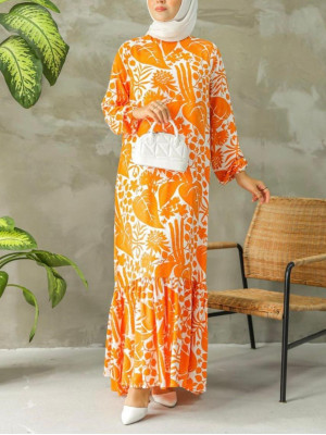 Leaf Pattern Judge Collar Skirt Frilly Dress -Orange