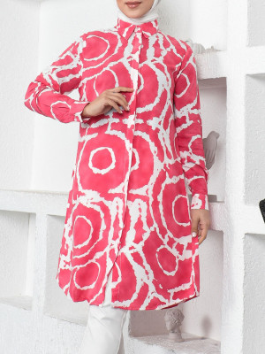 Patterned Long Buttoned Viscose Tunic -Garnet Color