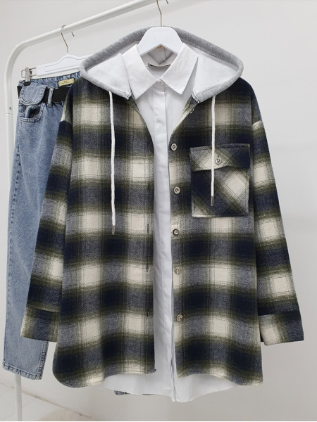 Hooded One Pocket Slit Lumberjack Shirt    -Khaki