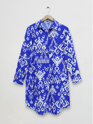 Buttoned Patterned Viscose Tunic -Saxe 