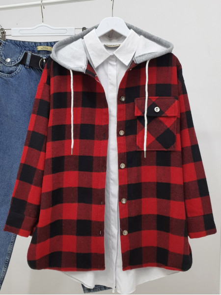 Hooded One Pocket Slit Lumberjack Shirt    -Black