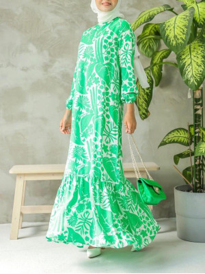 Leaf Pattern Judge Collar Skirt Frilly Dress -Green