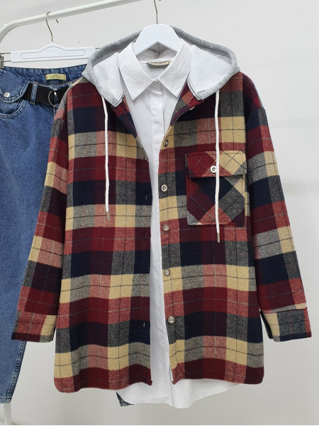 Hooded One Pocket Slit Lumberjack Shirt    - Beige