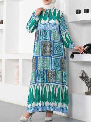Etnik Desen Bağcıklı Kolu Lastikli Elbise  -Mavi