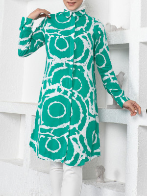 Patterned Long Buttoned Viscose Tunic -Green