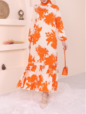 Large Leaf Pattern Judge Collar Skirt Frilly Dress -Orange