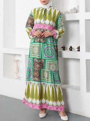 Etnik Desen Bağcıklı Kolu Lastikli Elbise  -Yeşil