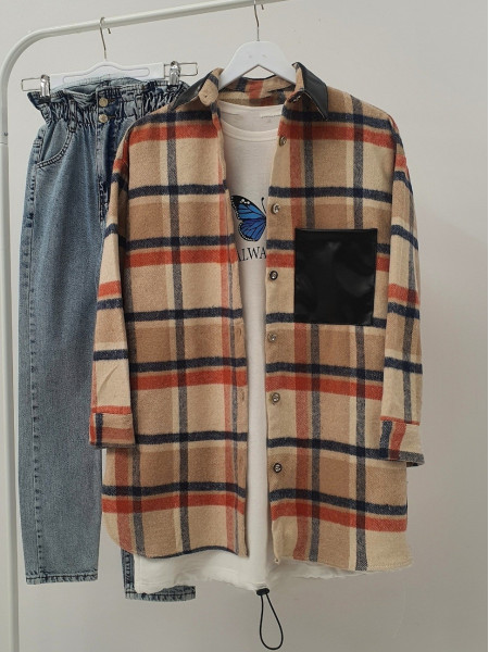 Collar and Pocket Leather Detailed Lumberjack Shirt -Ecru