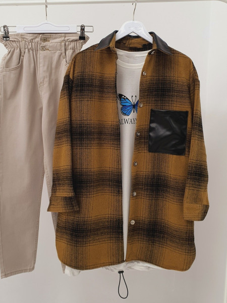 Collar and Pocket Leather Detailed Lumberjack Shirt -Mustard