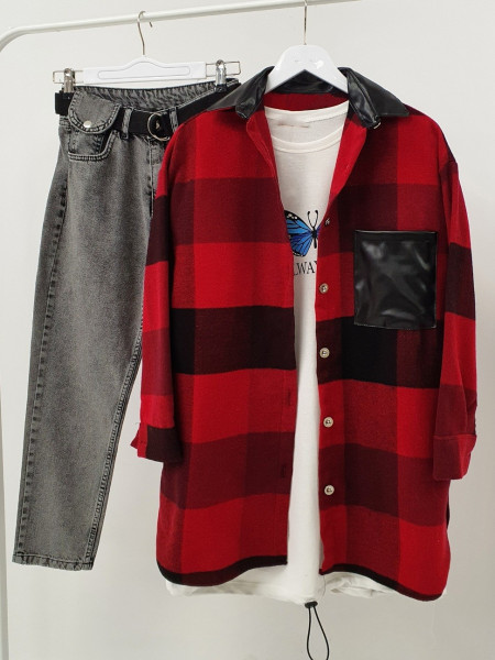 Collar and Pocket Leather Detailed Lumberjack Shirt -Red