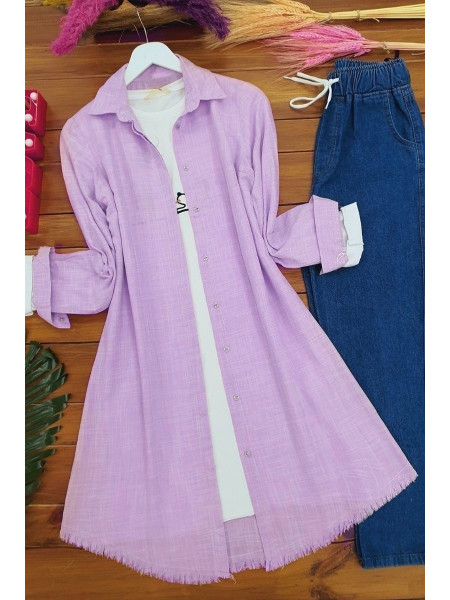 Long Linen Tunic With Six Tassels -Lilac