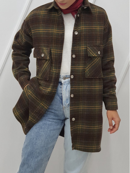 Double Pocket Slit Mid-Length Lumberjack Shirt -Khaki