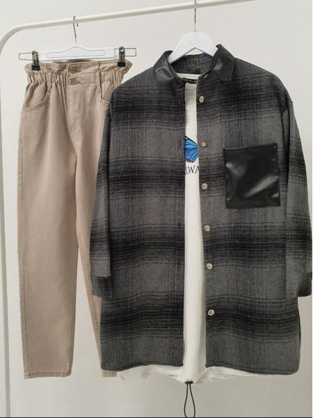 Collar and Pocket Leather Detailed Lumberjack Shirt -Smoked 