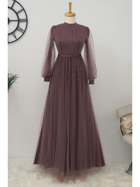Pearl Belted Tulle Evening Dress -Dried rose