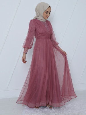 Tül Uzun Abiye Elbise -Dried rose