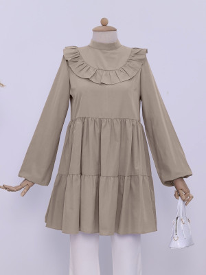 Robadan Frilly Skirt Parted Arm Elastic Tunic  -Mink color