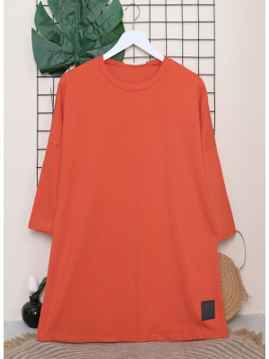 Round Neck Rigged Detailed Loose T-Shirt -Orange