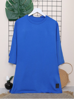 Round Neck Rigged Detailed Loose T-Shirt -Saxe 
