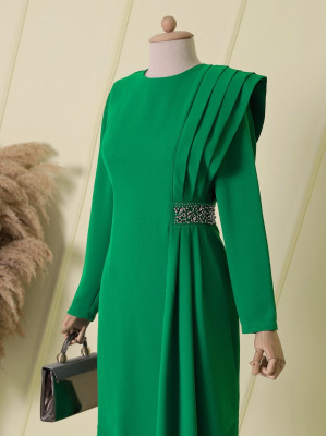 Stone Detailed Pleated Evening Dress -Green