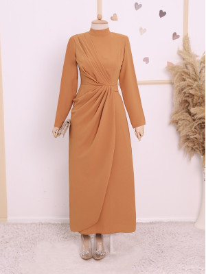 Belt Detailed Draped Hijab Dress -Snuff