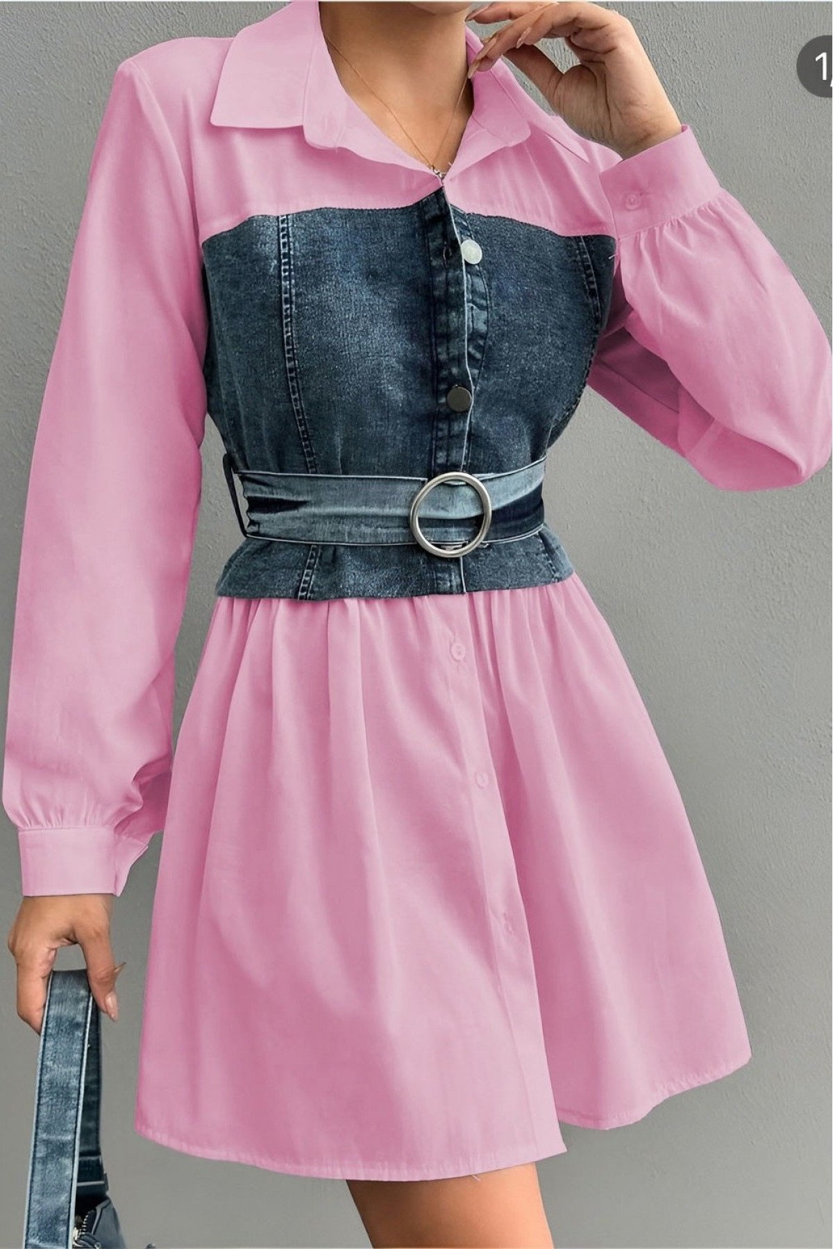 Denim Detailed Belted Shirt Tunic -Pink