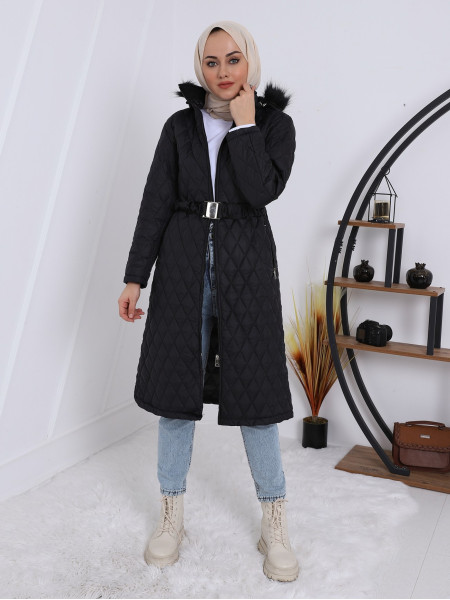 Fur Hooded Quilted Belt Coat -Black