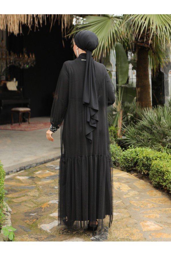 İnci Detaylı Kuşaklı İkili Abaya  -Siyah