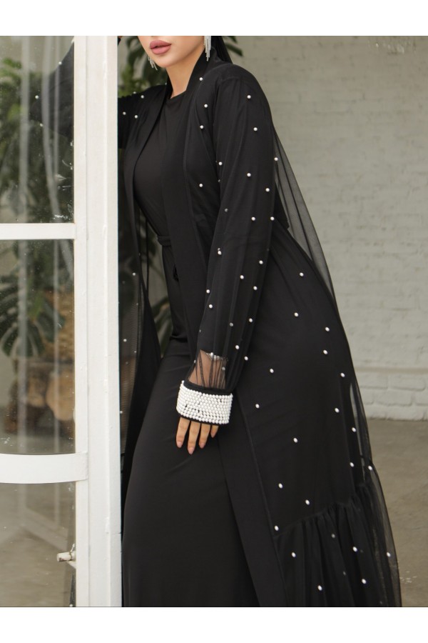 İnci Detaylı Kuşaklı İkili Abaya  -Siyah