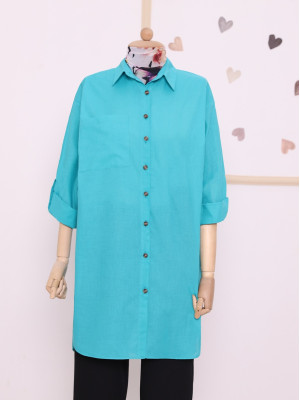 Plus Size Shirt with Folded Sleeves and Pockets - Turquoise