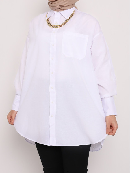One Pocket Back Long Oversize Shirt -White