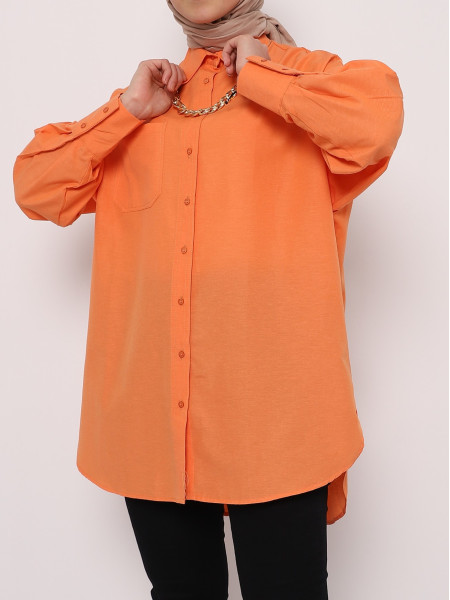 One Pocket Back Long Oversize Shirt -Orange