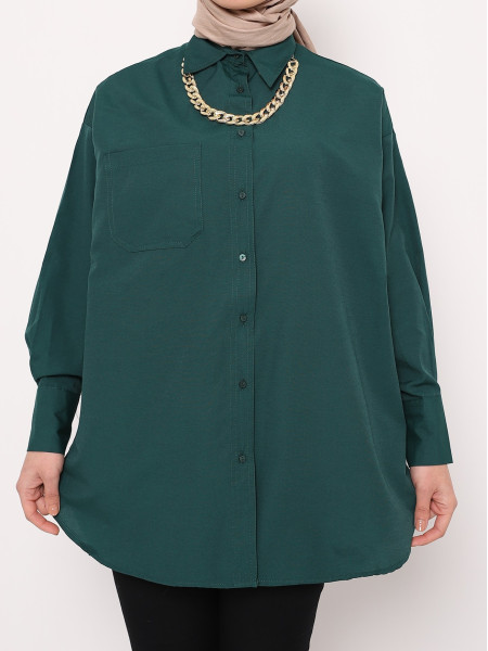 One Pocket Back Long Oversize Shirt  -Emerald