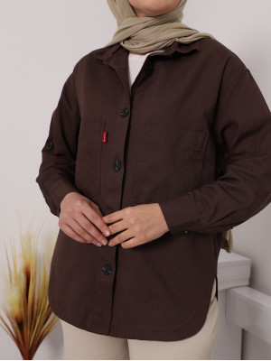 Long Back Double Pocket Shirt Jacket -Brown