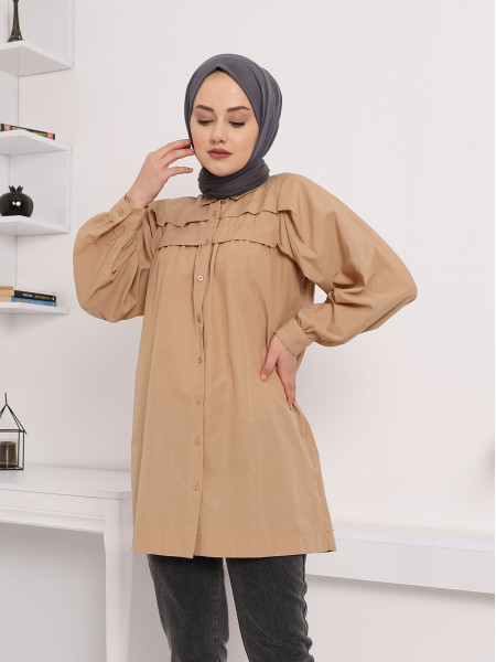 Front Fold Detailed Tunic Shirt -Mink color