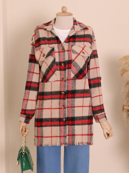 Double Pocket Lumberjack Shirt With Tassel Skirt -Mink color