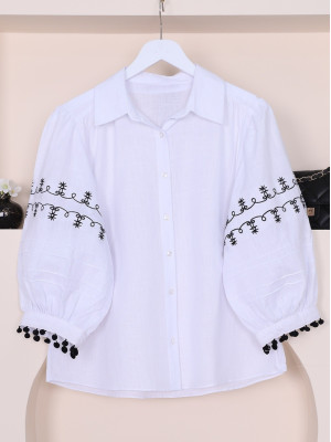 Balloon Sleeve Embroidered Shirt -White