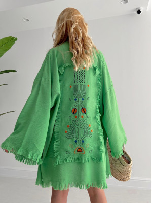 Embroidered Back Embroidered Skirt Tasseled Loose Jacket -Green