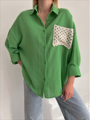 Knitted Pocket Poor Sleeve Loose Shirt -Green