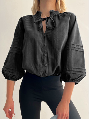 Yakası Lastikli Bağcıklı  Balon Kol Gömlek Bluz -Siyah