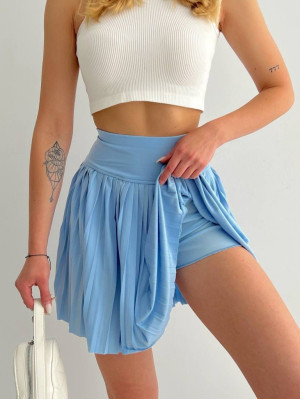 Elastic Waist Pleated Lined Mini Skirt with Shorts  -Baby Blue