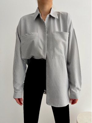 Striped Double Pocket Long Back Shirt -Black
